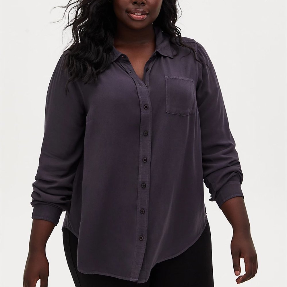 Torrid 3X (22-24) Shirt Top Button Front Blouse Dark Grey Long Sleeve
